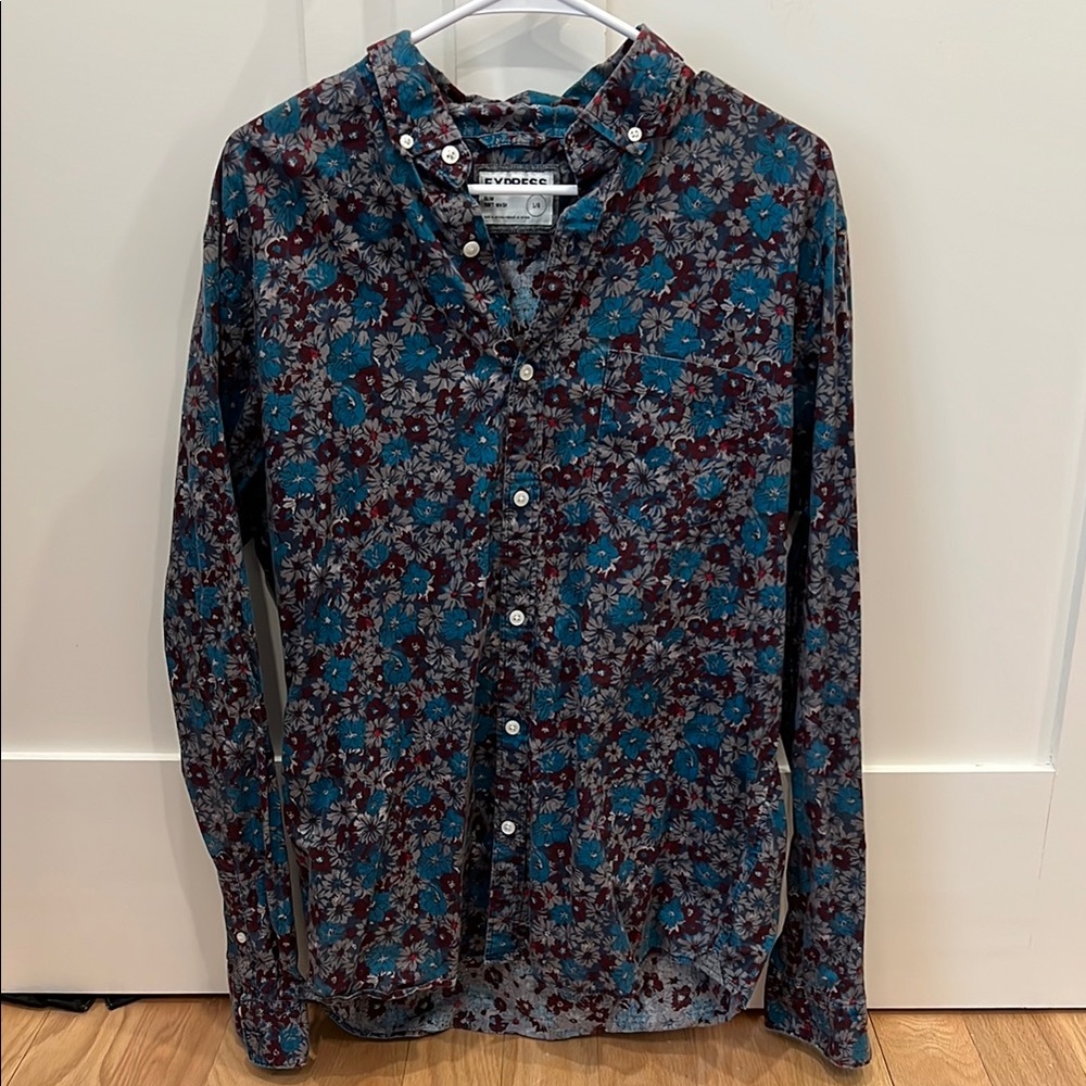 Casual Blue and Red Floral Button Down Shirt